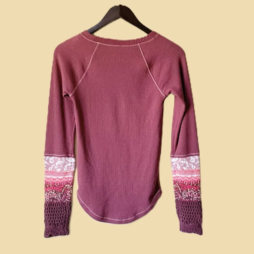 EUC Free People In The Mix Crochet Sleeve Top, Small, Rio Vino (Burgundy)
